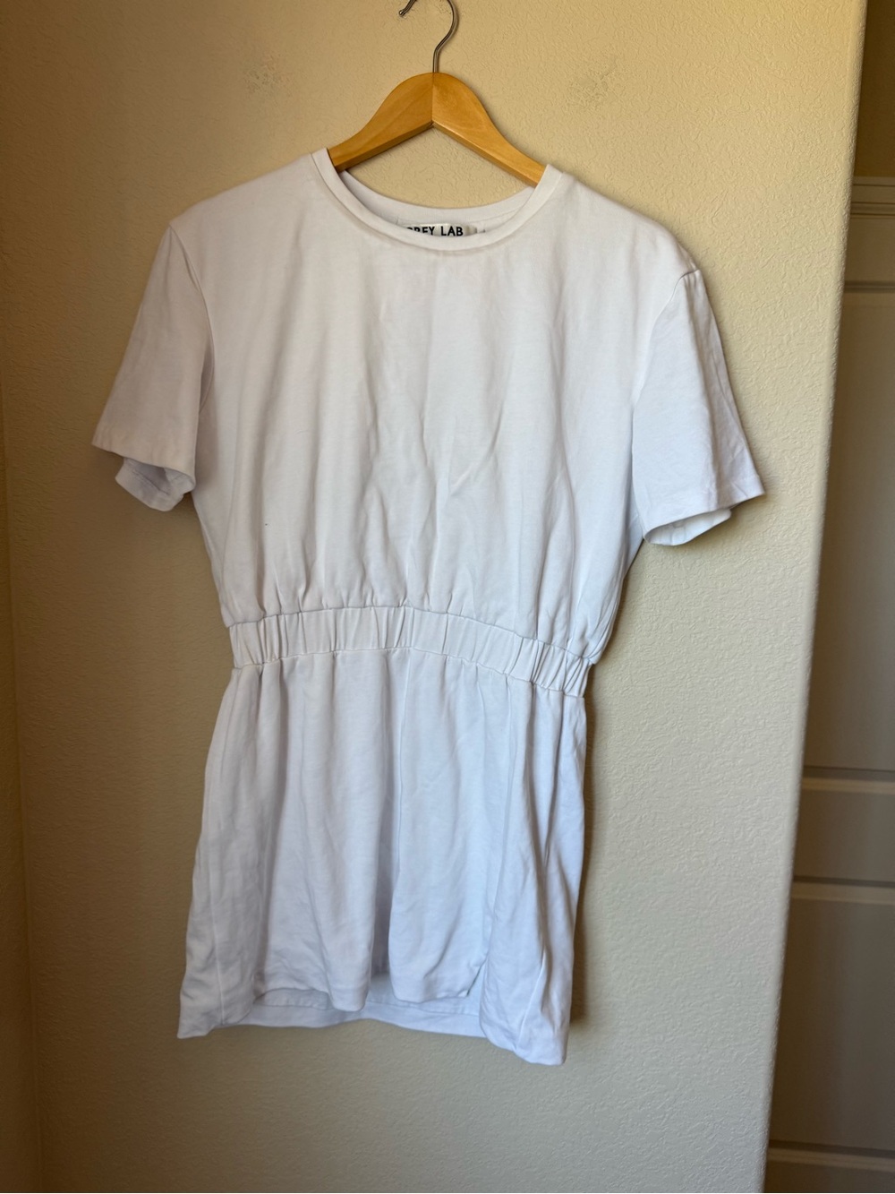 Grey Lab White T Shirt Mini Dress Elastic Waist Short Sleeve Size M